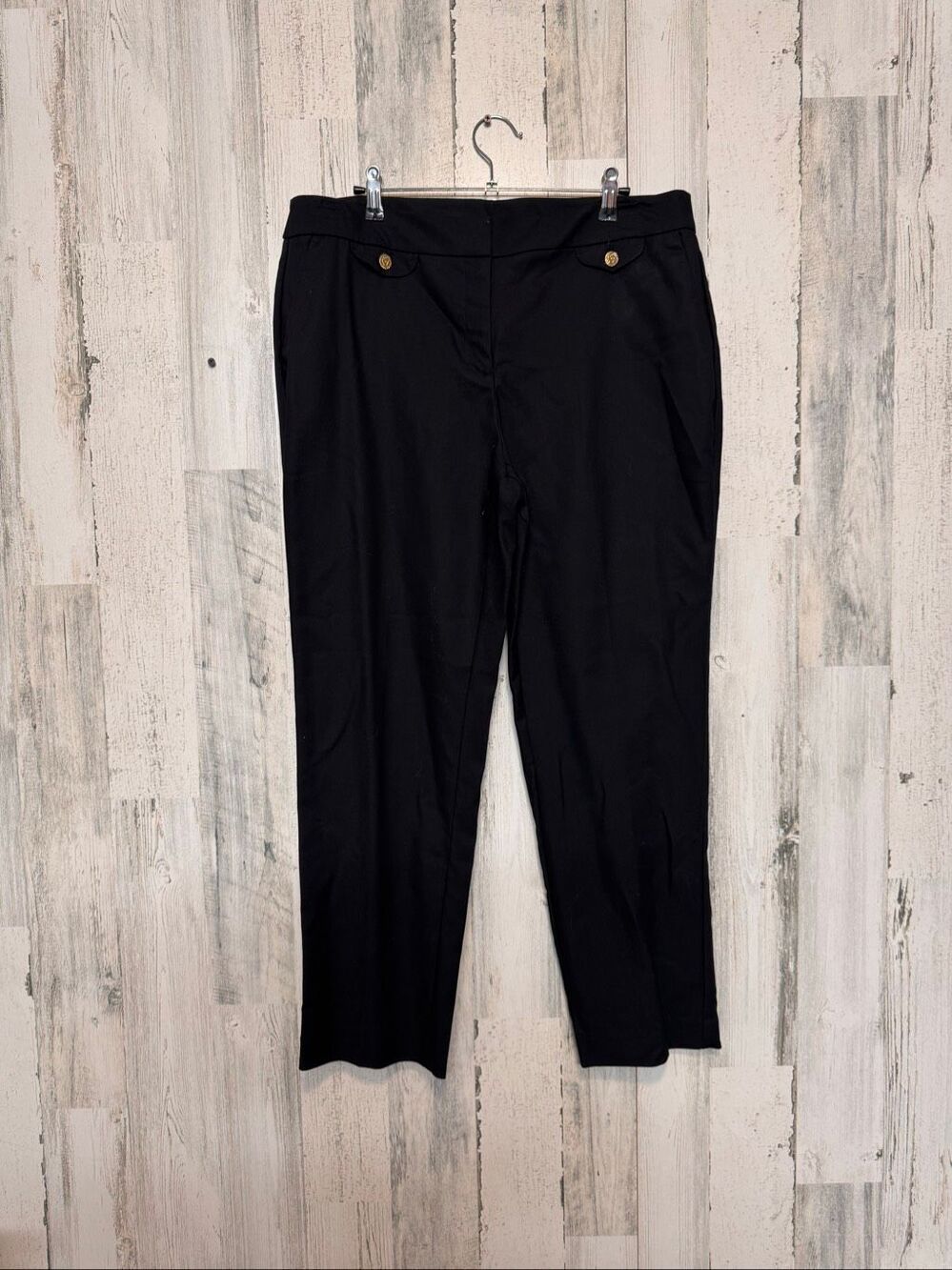 Anne Klein Black Trousers Womens 12 Gold Lion Button Mid Rise Straight Leg Pants